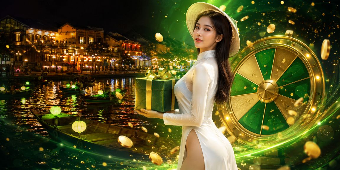 Khung cảnh Hội An cổ kính với người chơi roulette mặc áo dài, giao thoa văn hóa truyền thống và giải trí hiện đại
