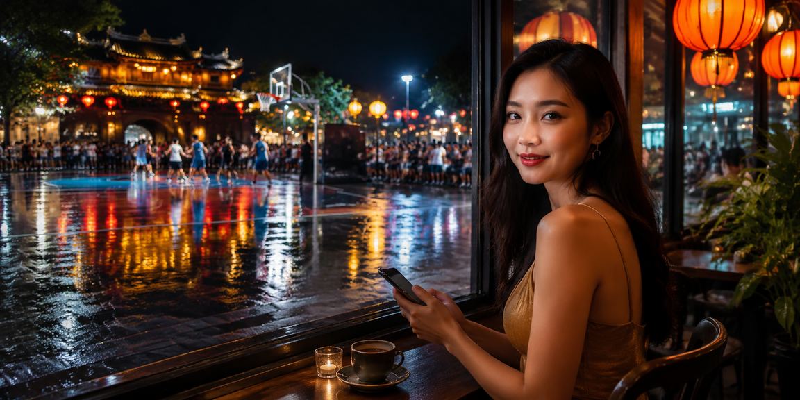 Người dùng Huế xem kèo bóng rổ và cá cược thể thao trong quán cà phê buổi sáng